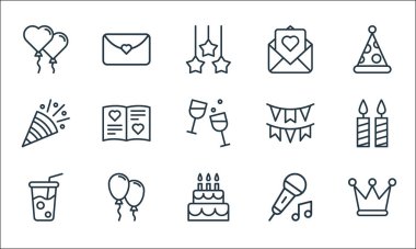 Doğum günü çizgisi simgeleri. Doğrusal küme. Crown, birthday cake, drink, music, balon, kutlama, dekorasyon, davetiye gibi kalite vektör dizileri