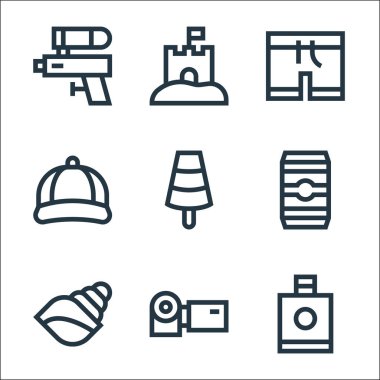 Yaz çizgisi simgeleri. Doğrusal küme. Güneş kremi, video kamera, deniz salyangozu, bira kutusu, dondurma, kep, mayo, kumdan kale gibi kalite vektör dizileri