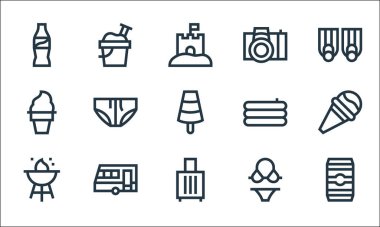 Yaz çizgisi simgeleri. Doğrusal küme. Bira kutusu, bagaj, barbekü, mayo, karavan, dondurma, şişme havuz, kamera, plaj gibi kalite vektör dizileri