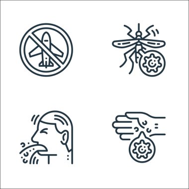 Virüs iletim hattı simgeleri. Doğrusal küme. Eller, kusmuk, sivrisinek gibi kalite vektör çizgisi