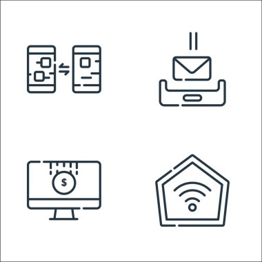 Telekom hattı simgeleri. Doğrusal küme. kalite vektör çizgisi seti: telekomünikasyon, online ödeme, gelen kutusu