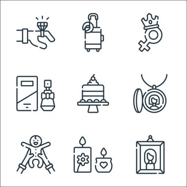 Anneler günü sembolleri. Doğrusal küme. Fotoğraf, kokulu mum, bebek, kolye, pasta, parfüm, kadın, valiz gibi kalite vektör dizileri