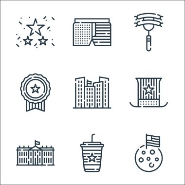 Temmuz ayının simgeleri. Doğrusal küme. Ay, kahve, beyaz ev, ABD, bina, madalya, sosis, şort gibi kalite vektör çizgisi