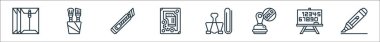 Kırtasiye satırı simgeleri. Doğrusal küme. Yazı, beyaz tahta, pul, klips, sabit disk, kesici, boya fırçası gibi kalite vektör çizgisi kümesi