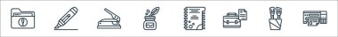 Kırtasiye satırı simgeleri. Doğrusal küme. Yazıcı, boya fırçası, evrak çantası, not, mürekkep, delik delici, yazma gibi kalite vektör dizileri