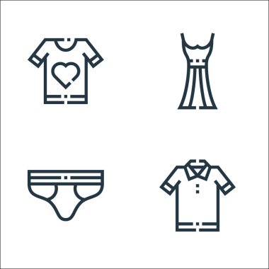 Kıyafetler ve giysi çizgisi simgeleri. Doğrusal küme. T-shirt, iç çamaşırı, elbise gibi kalite vektör çizgisi