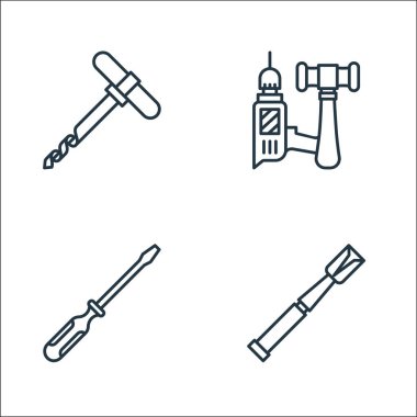 Marangozluk çizgisi simgeleri. Doğrusal küme. araç, tornavida, araçlar gibi kalite vektör çizgisi kümesi