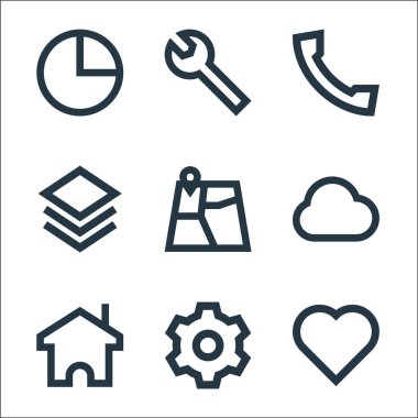 kullanıcı arayüzü satır simgeleri. Doğrusal küme. Favori, ayarlar, ev, bulut, harita, katmanlar, çağrı, bakım gibi kalite vektör dizileri