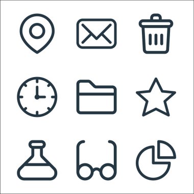 kullanıcı arayüzü satır simgeleri. Doğrusal küme. Pasta çizelgesi, gözlük, laboratuvar, yıldız, klasör, saat, silme, e- posta gibi kalite vektör dizileri