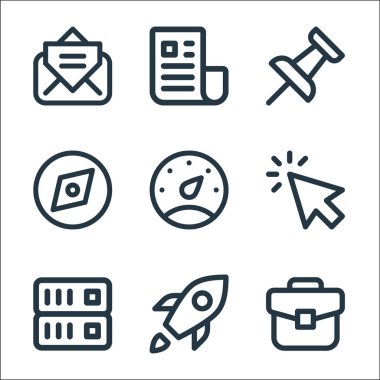 kullanıcı arayüzü satır simgeleri. Doğrusal küme. Çanta, roket, sunucu, tıklama, hız göstergesi, pusula, pin, bülten gibi kalite vektör satırı kümesi