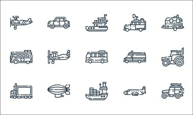 Araç taşıma hattı simgeleri. Doğrusal küme. Kaliteli vektör çizgisi, araba, kargo gemisi, teslimat kamyonu, uçak, zeplin, minibüs, ambulans, araba gibi.