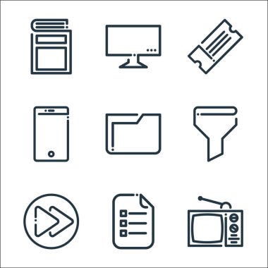 Ricon hattı simgeleri. Doğrusal küme. TV gibi kalite vektör satırı, yapılacaklar listesi, sonraki düğme, filtre, dizin, akıllı telefon, bilet, televizyon