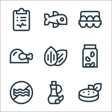 Beslenme çizgisi simgeleri. Doğrusal küme. Vegan, zeytinyağı, et, soya, badem, tavuk, yumurta, balık gibi kalite vektör çizgisi