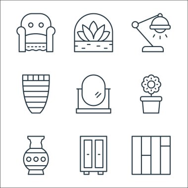İç mekan çizgisi simgeleri. Doğrusal küme. Yer, gardırop, vazo, saksı, oval ayna, vazo, masa lambası gibi kalite vektör dizileri