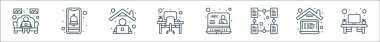 ev çizgisi simgeleri. Doğrusal küme. Ofis masası gibi kalite vektör çizgisi seti, evde çalışma, dosya paylaşımı, kayıt, ofis masası, çalışan, bildirim
