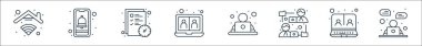 ev çizgisi simgeleri. Doğrusal küme. Çevrimiçi sohbet, video çağrısı, ofis çalışanı, video çağrısı, görev, bildirim gibi kalite vektör çizgisi kümesi