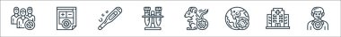 Virüs iletim hattı simgeleri. Doğrusal küme. Ölüm, hastane, küresel, fare, test tüpleri, termometre, tıbbi rapor gibi kalite vektör çizgisi