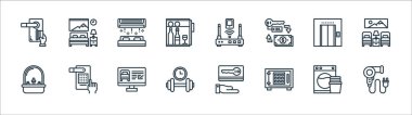 Otel hattı ikonları. Doğrusal küme. Kurutucu, kasa, dambıl, lavabo, asansör, klima, yönlendirici, yatak odası gibi kalite vektör dizileri