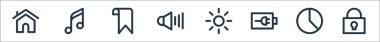 kullanıcı arayüzü satır simgeleri. Doğrusal küme. Kilit, pasta grafiği, pil durumu, güneş, hacim, yer imi, şarkı gibi kalite vektör dizileri
