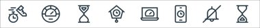Hız göstergesi ve zaman çizelgesi simgeleri. Doğrusal küme. Kum saati, alarm yok, alarm yok, hız göstergesi, saat, kum saati, hız göstergesi gibi kalite vektör çizgisi