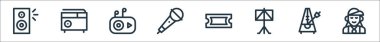 Müzik çizgisi simgeleri. Doğrusal küme. Rapçi, metronom, müzik standı, bilet, mikrofon, mpplayer, radyo gibi kalite vektör dizileri