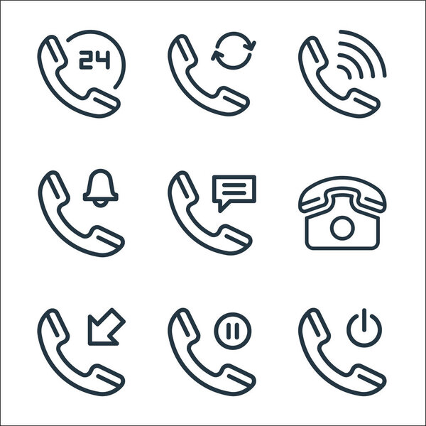 иконки телефонной линии. линейное множество. набор векторных линий качества, таких как телефон, телефон, входящий звонок, вызов,