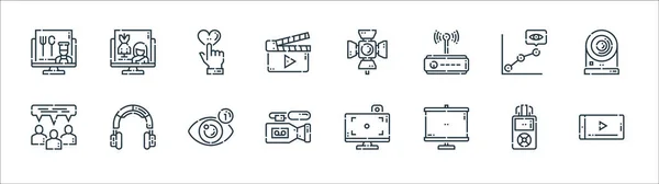 Videoblogger Zeilensymbole Lineares Set Qualitätsvektorzeilensatz Wie Mobiltelefon Bildschirm Videorecorder Gespräch — Stockvektor