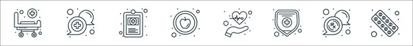 health and medical line icons. linear set. quality vector line set such as medicine, rx, care, apple, medical record, medical