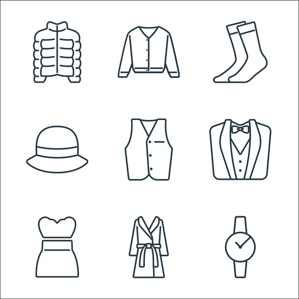 Kıyafetler Kıyafet Çizgisi Simgeleri Doğrusal Küme Saat Bornoz Askısız Elbise — Stok Vektör