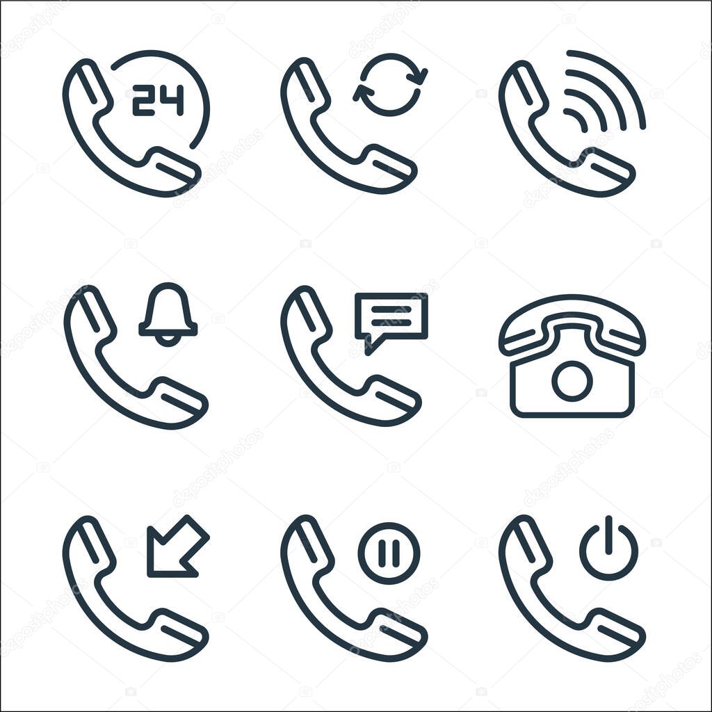 phone line icons. linear set. quality vector line set such as phone, phone, incoming call, call,