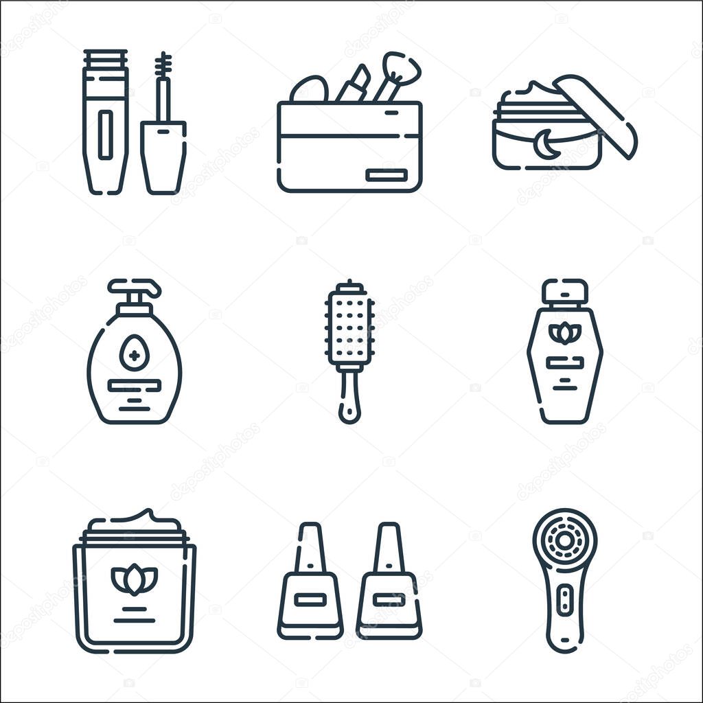 beauty line icons. linear set. quality vector line set such as face brush, nail polish, moisturizer, toner, hair brush, hand sanitizer, night cream, makeup