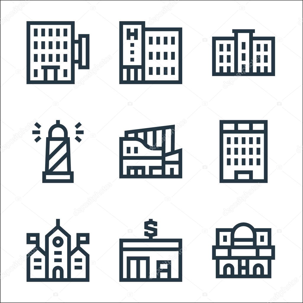 urban building line icons. linear set. quality vector line set such as cinema, bank, town hall, business center, mall, lighthouse, high school, hotel