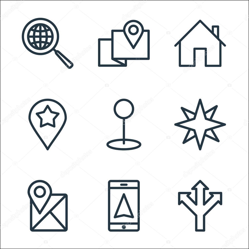 navigation line icons. linear set. quality vector line set such as direction, gps phone, location, compass, pin, location, home, map point