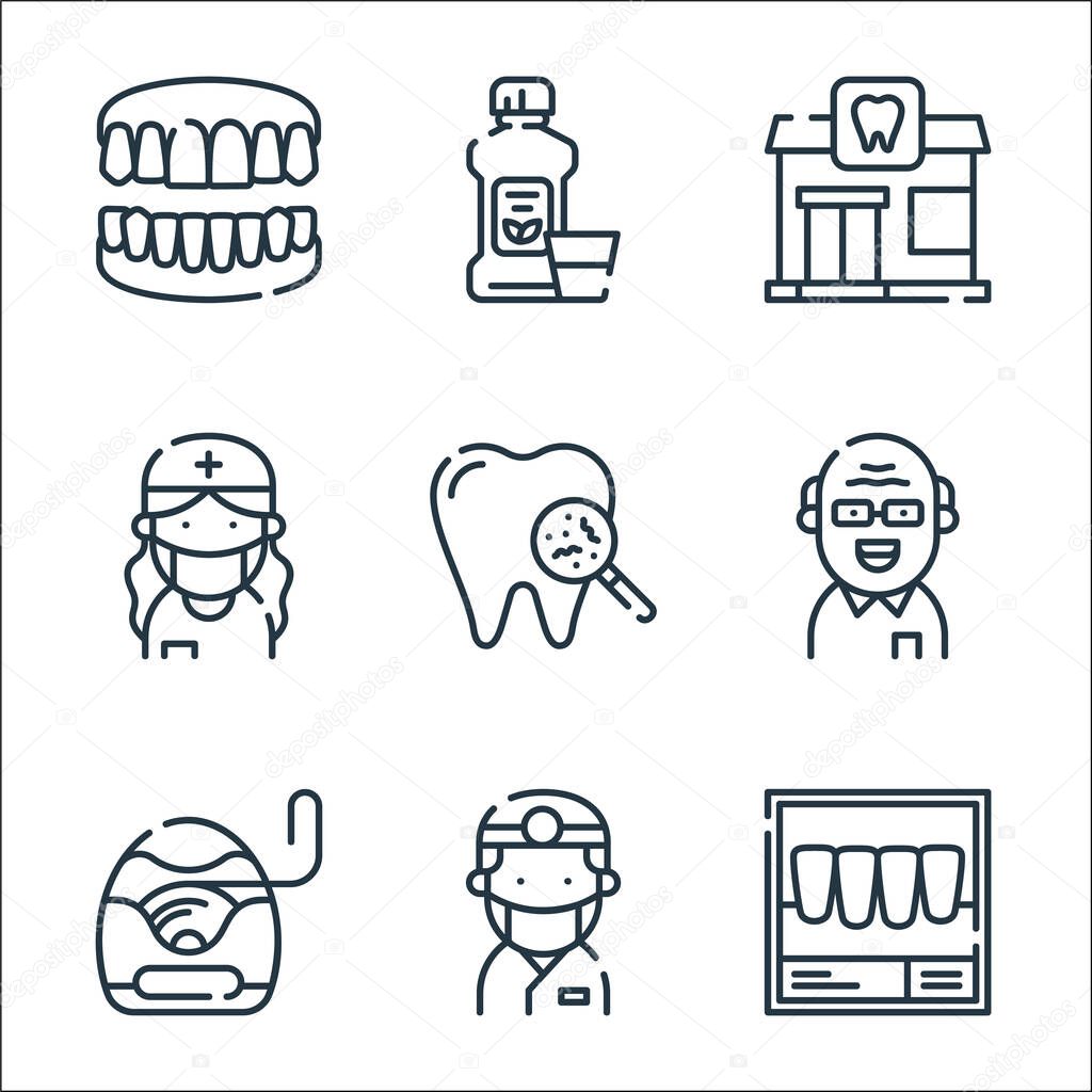 dental care line icons. linear set. quality vector line set such as x ray, dentist, dental floss, old man, bacteria, dentist, dental, mouthwash