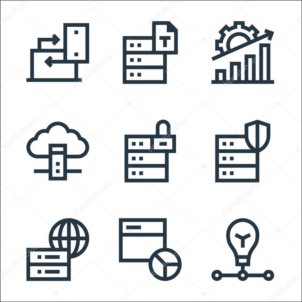 big data line icons. linear set. quality vector line set such as idea, web analytics, global server, database, lock, cloud server, data analytics, text