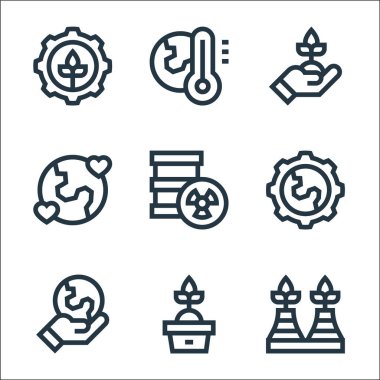 Toprak Ana çizgi simgeleri. Doğrusal küme. Kaliteli vektör çizgisi: eko fabrikası, bitki, gezegeni kurtarmak, teçhizat, radyoaktif, doğa günü, ekoloji, küresel ısınma.