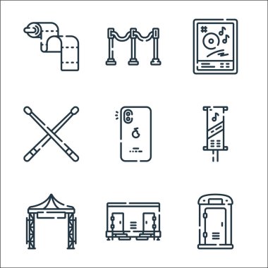 Müzik festivali simgeleri. Doğrusal küme. Tuvalet, tuvalet, festival, afiş, akıllı telefon, davul, broşür, bölücü gibi kalite vektör çizgisi