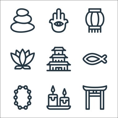 ruhani çizgi simgeleri. Doğrusal küme. Shinto, mum, boncuk, hristiyanlık, pagoda, lotus, kağıt fener, hamsa gibi kalite vektör dizileri