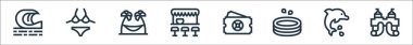 Su parkı çizgisi simgeleri. Doğrusal küme. Su kaydırağı, yunus, havuz, su parkı, bar, hamak, bikini gibi kalite vektör dizileri