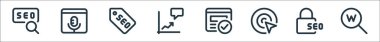Web uygulamaları seo line simgeleri. Doğrusal küme. www, asma kilit, konum, doğrulandı, sohbet, etiket, ses gibi kalite vektör dizisi