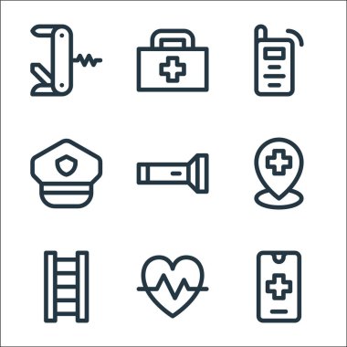 Acil durum çizgisi simgeleri. Doğrusal küme. Akıllı telefon, nabız, merdiven, konum tutucu, el feneri, polis şapkası, telsiz, ilk yardım çantası gibi kalite vektör dizileri