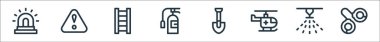 Acil durum çizgisi simgeleri. Doğrusal küme. Kelepçe, fıskiye, helikopter, kürek, yangın söndürücü, merdiven, uyarı gibi kalite vektör çizgisi