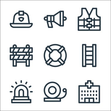 Acil durum çizgisi simgeleri. Doğrusal küme. Hastane, alarm zili, siren, merdiven, cankurtaran, bariyer, yüksek görüş mesafesi yeleği, megafon gibi kalite vektör çizgisi seti