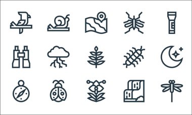 orman çizgisi simgeleri. Doğrusal küme. Yusufçuk, orkide, pusula, şelale, uğur böceği, dürbün, kırkayak, sivrisinek, salyangoz,