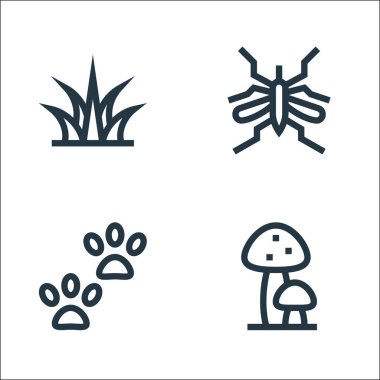 orman çizgisi simgeleri. Doğrusal küme. Mantar, ayak izi, sivrisinek gibi kalite vektör çizgisi