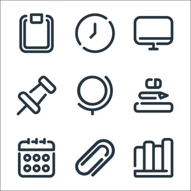 Okul çizgisi simgeleri. Doğrusal küme. Kitaplar, ataç, takvim, okul materyali, küre, pin, monitör, saat gibi kalite vektör dizileri