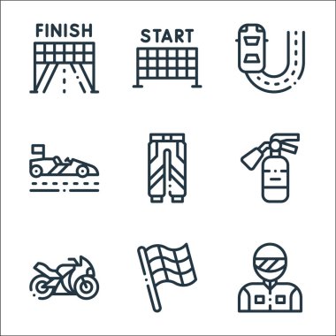 Otopsi çizgisi simgeleri. Doğrusal küme. Yarışçı, çek bayrağı, motosiklet, yangın söndürücü, üniforma, yarış, hızlı başlama gibi kalite vektör çizgisi
