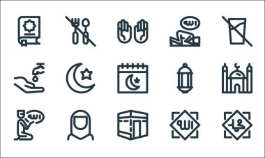 Ramazan Kareem çizgi simgeleri. Doğrusal küme. Peygamber, Kabe, dua, Allah, Müslüman kadın, wudhu, fener, namaz, yemek yok gibi kalite vektör çizgisi