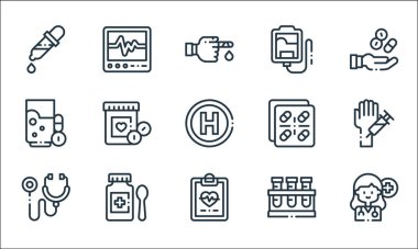 İlaç çizgisi simgeleri. Doğrusal küme. Doktor, pano, steteskop, test tüpleri, şurup, su bardağı, haplar, kan torbası, ecg gibi kalite vektör dizileri