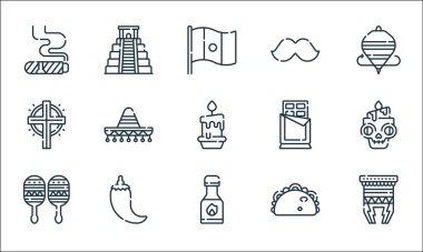 Meksika hattı ikonları. Doğrusal küme. Huehuetl, chili sosu, maracas, taco, chili, cross, çikolata, bıyık, chichen itza gibi kalite vektör dizileri